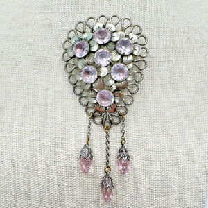 Vintage Purple Rhinestone Flower Brooch Lavender Briolette